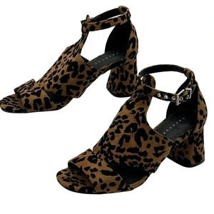 Topshop Womens 8 Leopard Animal Print Suede Chunky Block Heel Shoe Ankle Strap